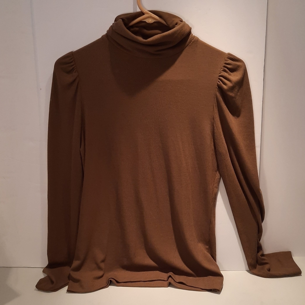 Ophelia Roe Elegant Brown Mock Turtleneck Ouffed Sleeve Top Size M